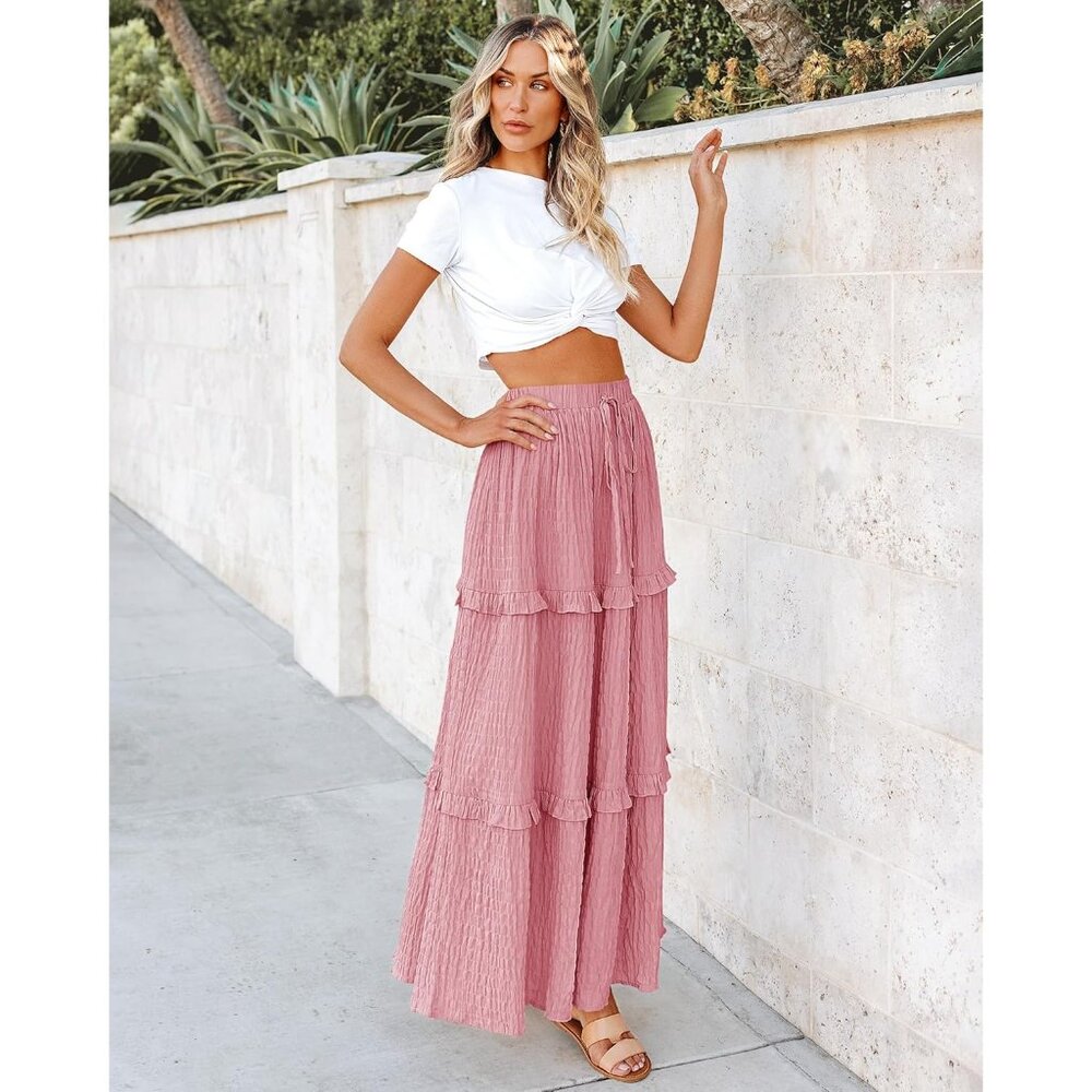 Women's Pink Long Elegant High Waist Cocktail Guest Flared A-Line Midi Skirt - Picture 6 of 6